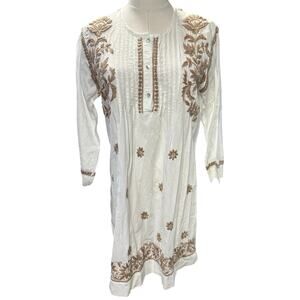 Sevya White & Tan Embroidered Cotton Tunic Dress
